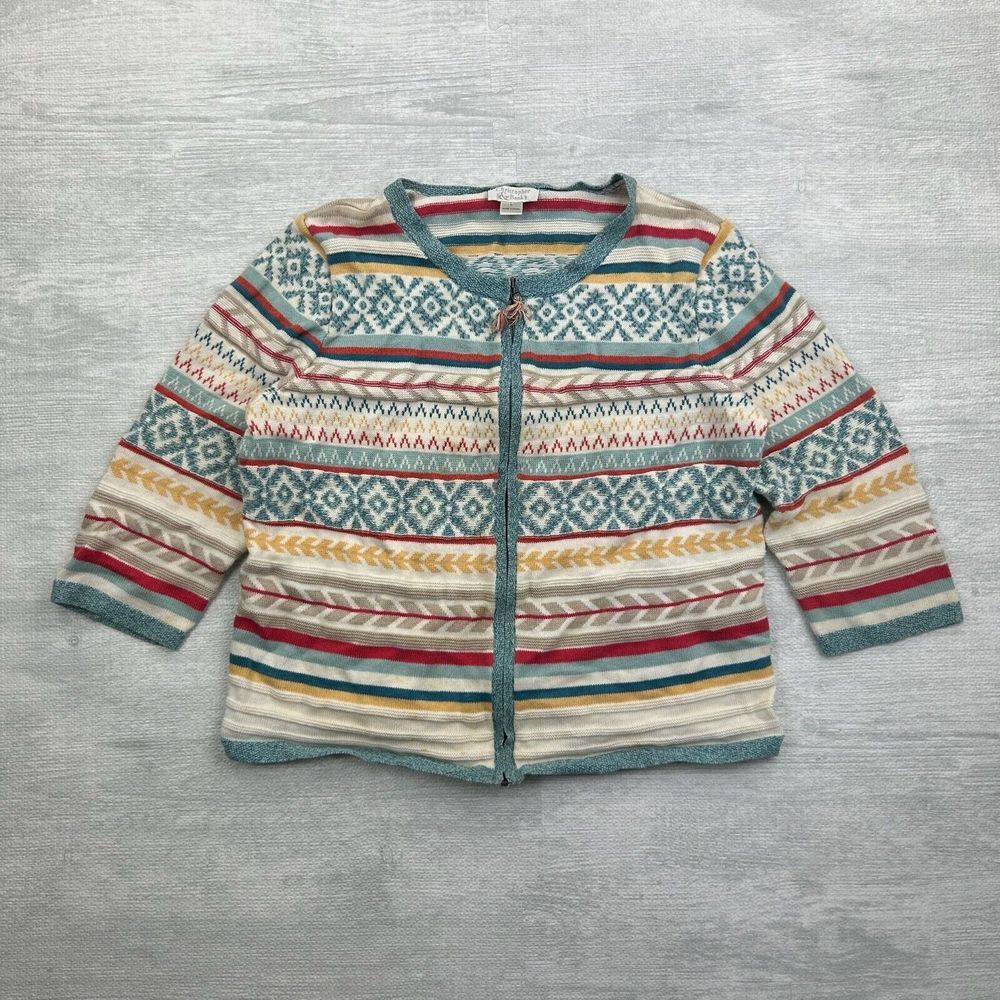Vintage Christopher Banks Cardigan Sweater Womens Large Striped Blue Ramie